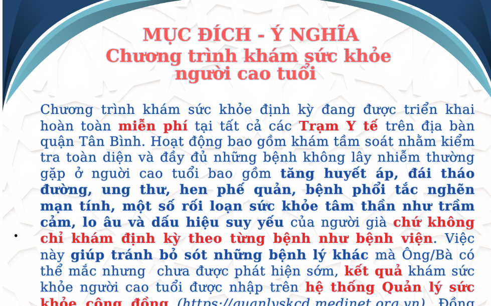 MỤC ĐÍCH Ý NGHĨA CHƯƠNG TRÌNH KHÁM SỨC KHỎE NGƯỜI CAO TUỔI