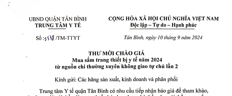 Thư mời mua sắm số 1538/TM-TTYT ngày 10/9/2024 về mua sắm trang thiết bị y tế năm 2024 từ nguồn chi thường xuyên không giao tự chủ lần 2