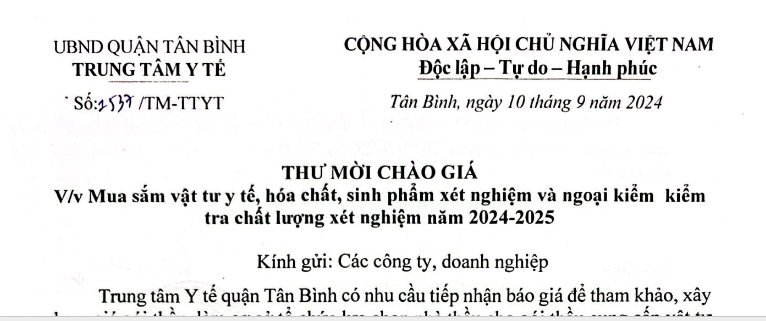 Thư mời chào giá số 1537/TM-TTYT ngày 10/9/2024 về mua sắm vật tư y tế, hóa chất, sinh phẩm xét nghiệm và ngoại kiểm tra chất lượng xét nghiệm năm 2024-2025