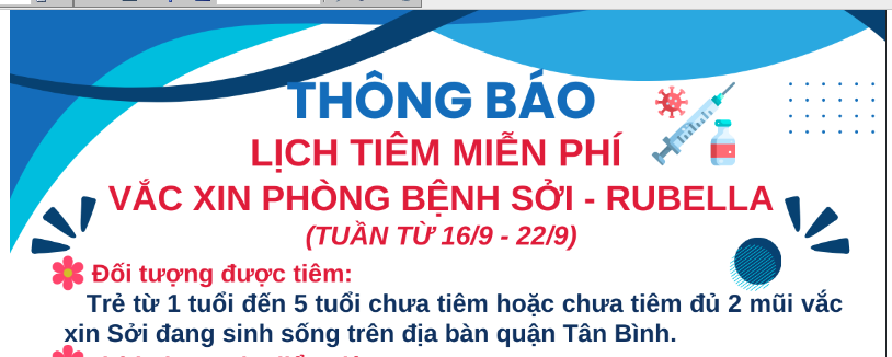 LỊCH TIÊM MIỄN PHÍ VẮC XIN PHÒNG BỆNH SỞI - RUBELLA (TUẦN TỪ 16/9 - 22/9/2024)