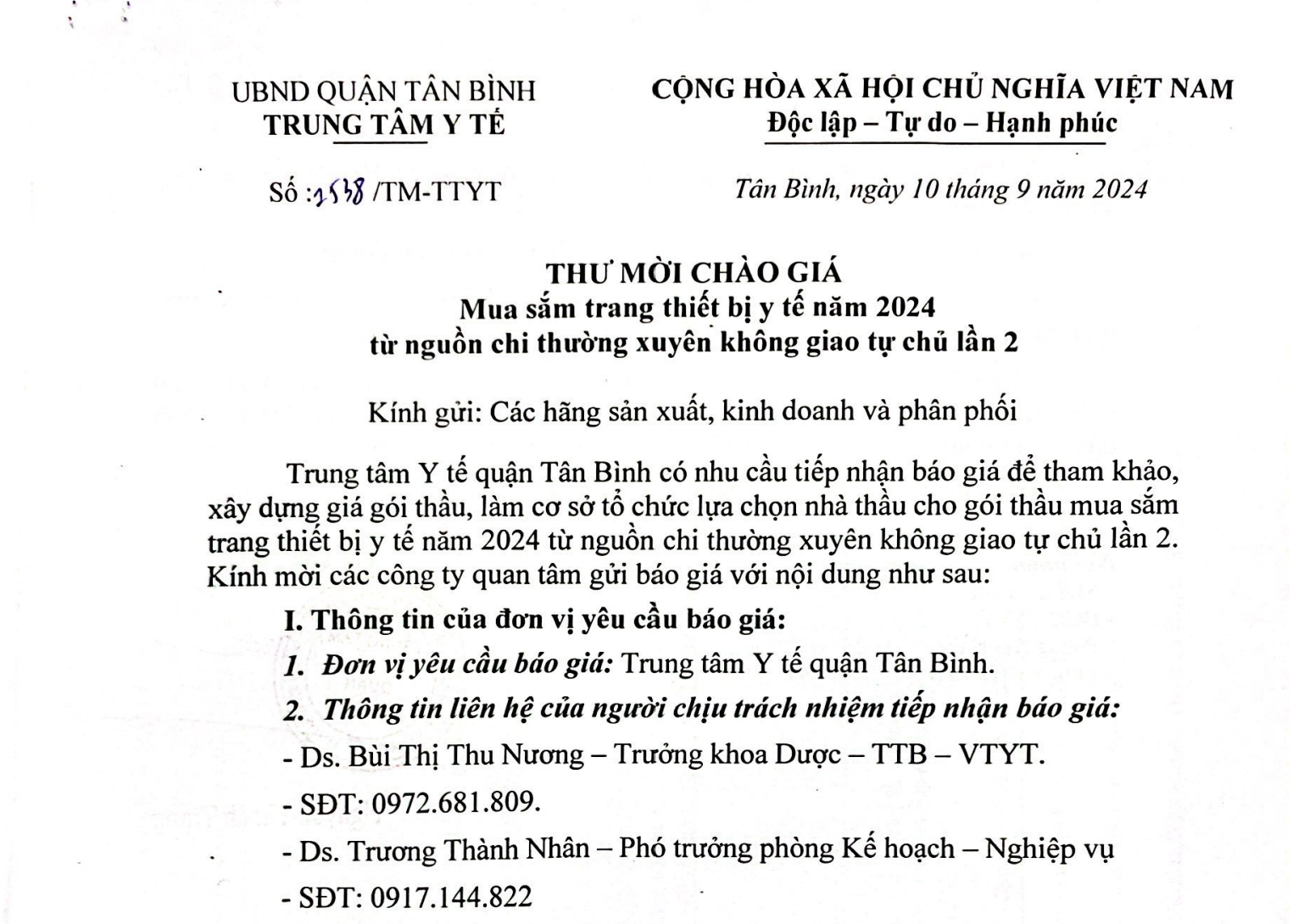 1538 - THƯ MỜI CHÀO GIÁ TRANG THIẾT BỊ Y TẾ NĂM 2024