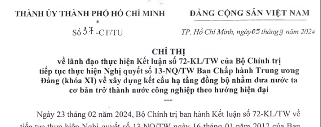 Chỉ thị số 37-CT/TU ngày 05/9/2024 về lãnh đạo thực hiện Kết luận số 72-KL/TW của Bộ Chính trị