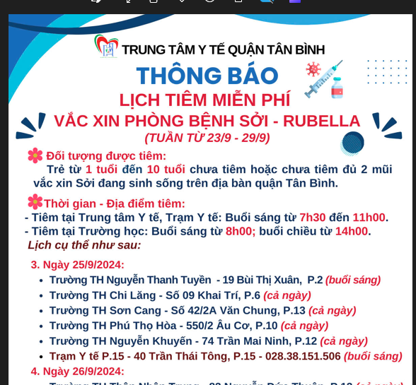 LỊCH TIÊM MIỄN PHÍ VẮC XIN PHÒNG BỆNH SỞI - RUBELLA (TUẦN TỪ 23/9 - 29/9/2024)