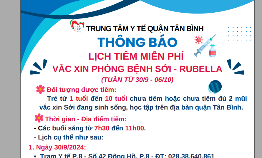 LỊCH TIÊM MIỄN PHÍ VẮC XIN PHÒNG BỆNH SỞI - RUBELLA (TUẦN TỪ 30/9 - 06/10/2024)