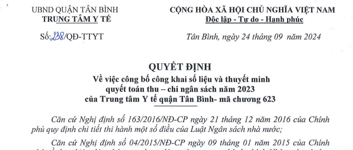 Quyết định số 238/QĐ-TTYT ngày 24/9/2024 của TTYT về việc công bố công khai số liệu và thuyết minh quyết toán thu-chi ngân sách năm 2023 của Trung tâm Y tế quận Tân Bình