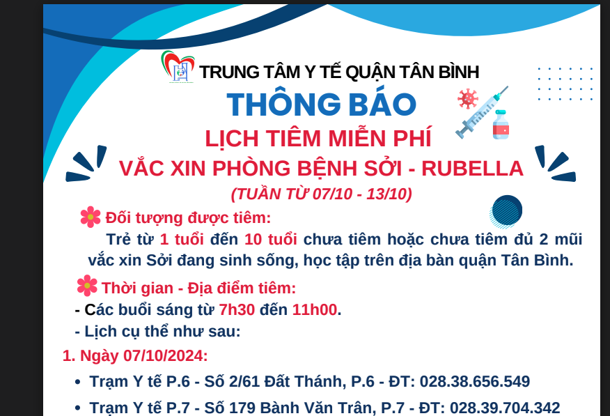 LỊCH TIÊM MIỄN PHÍ VẮC XIN PHÒNG BỆNH SỞI - RUBELLA (TUẦN TỪ 7/10 - 13/10/2024)