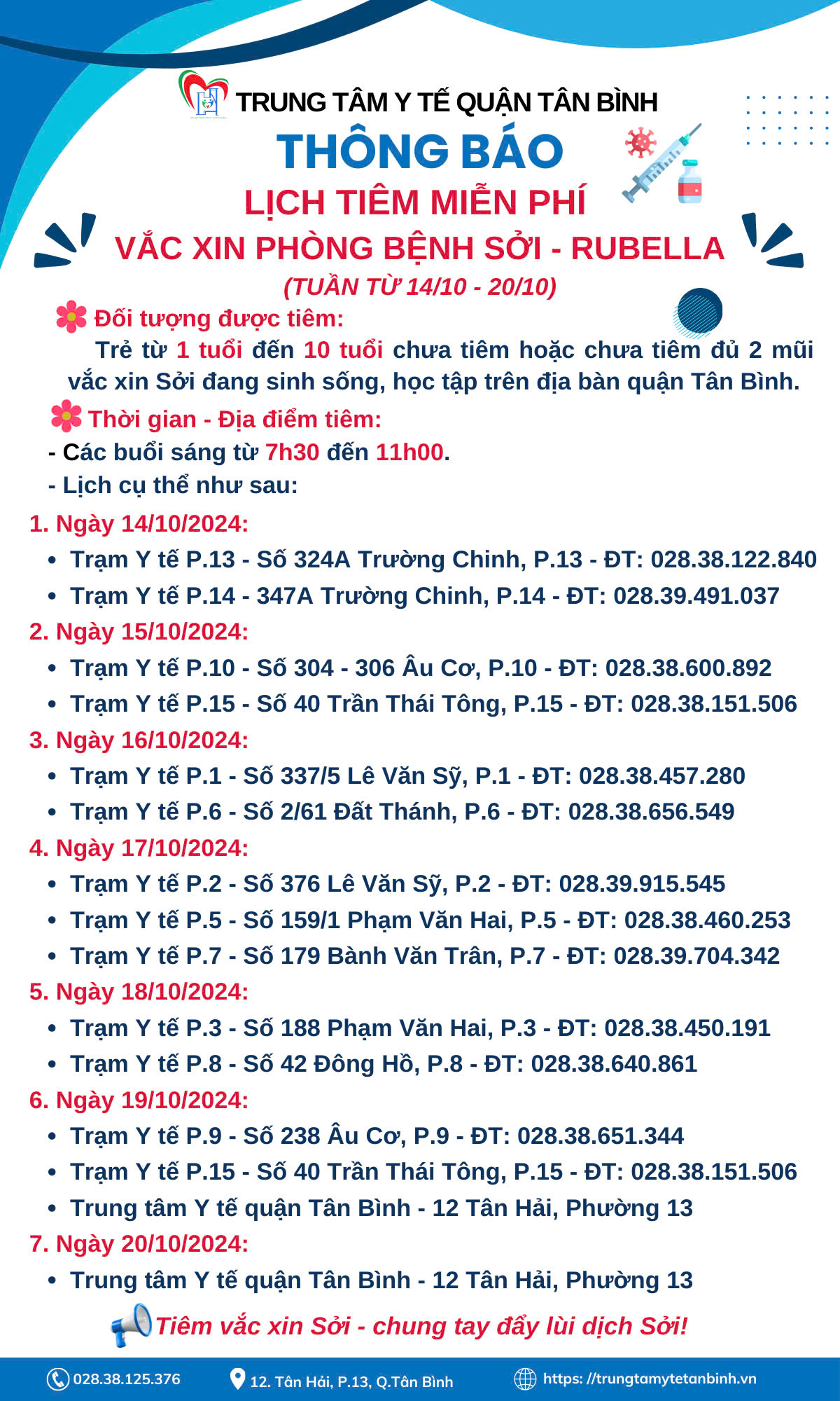 LỊCH TIÊM MIỄN PHÍ VẮC XIN PHÒNG BỆNH SỞI - RUBELLA (TUẦN TỪ 14/10 - 20/10)