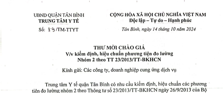 Thư mời chào giá số 89/TM-TTYT ngày 14/10/2024 về việc kiểm định, hiệu chuẩn phương tiện đo lường Nhóm 2 theo TT 23/2023/TT-BKHCN