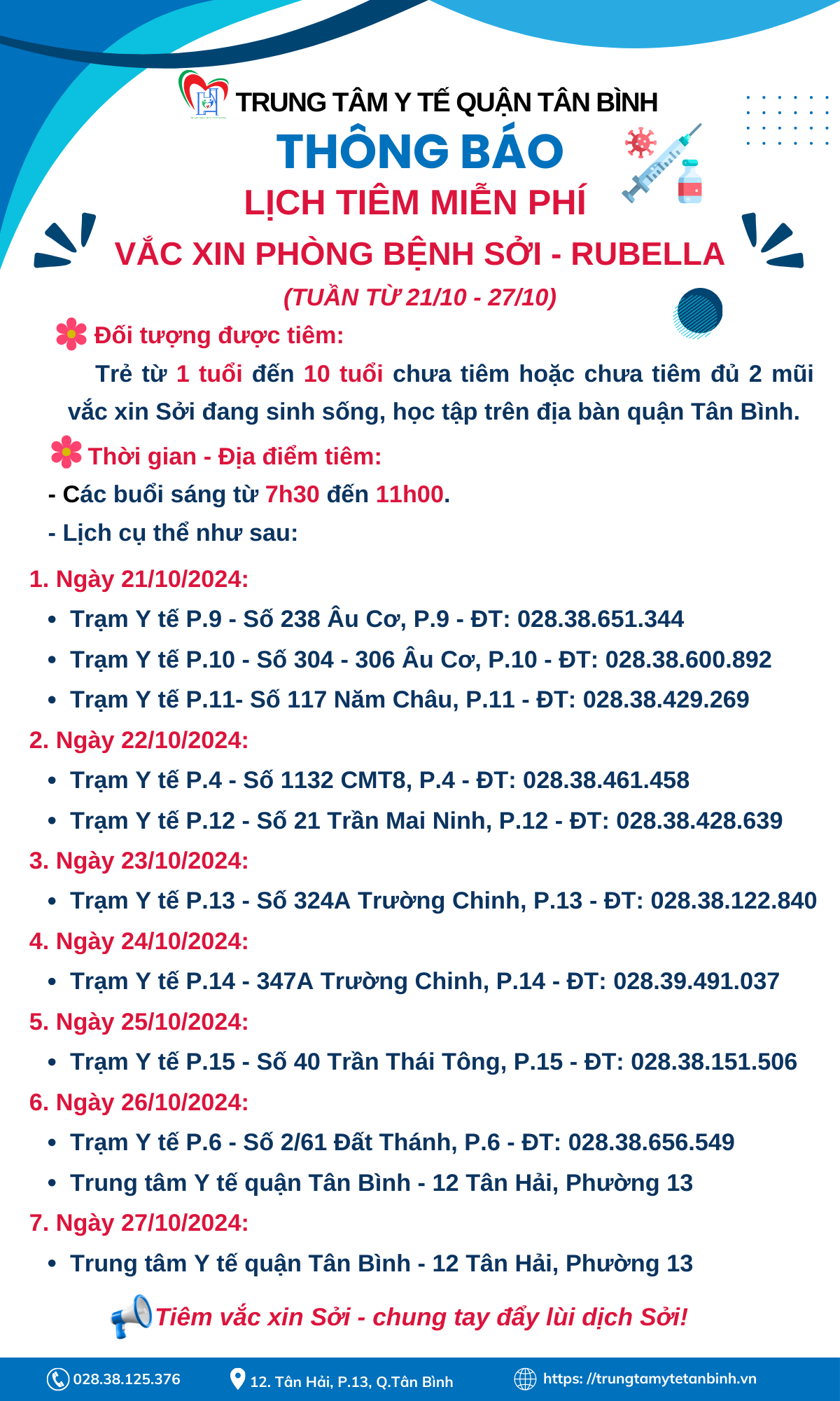 LỊCH TIÊM MIỄN PHÍ VẮC XIN PHÒNG BỆNH SỞI - RUBELLA (TUẦN TỪ 21/10 - 27/10)