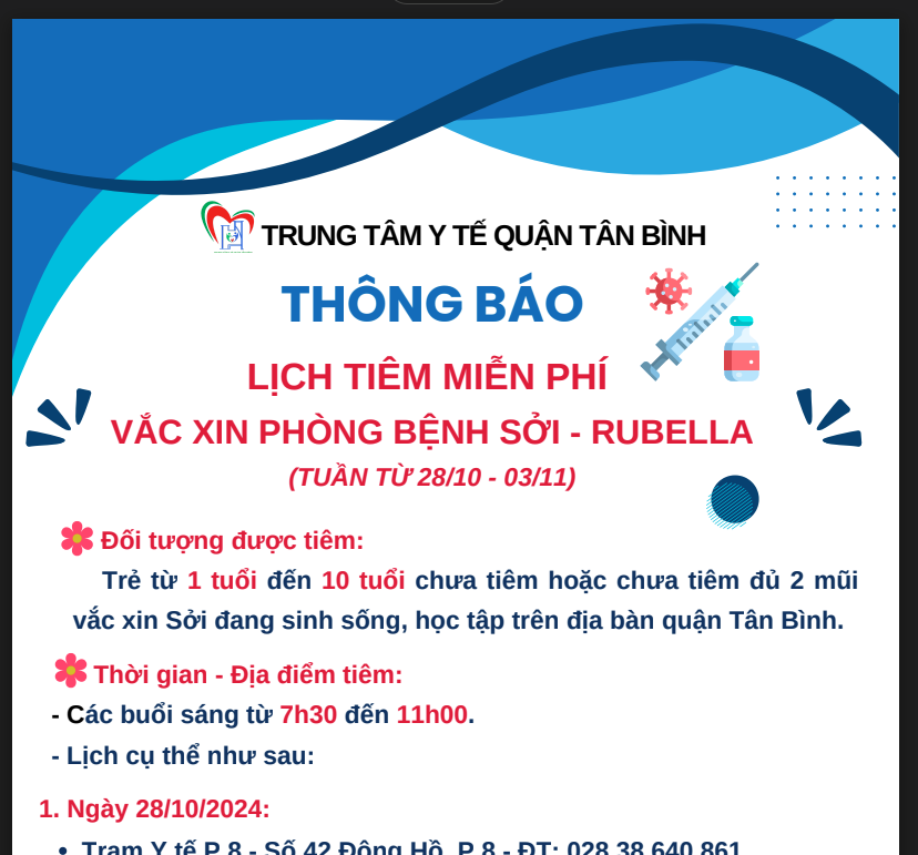 LỊCH TIÊM MIỄN PHÍ VẮC XIN PHÒNG BỆNH SỞI - RUBELLA (TUẦN TỪ 28/10 - 03/11)