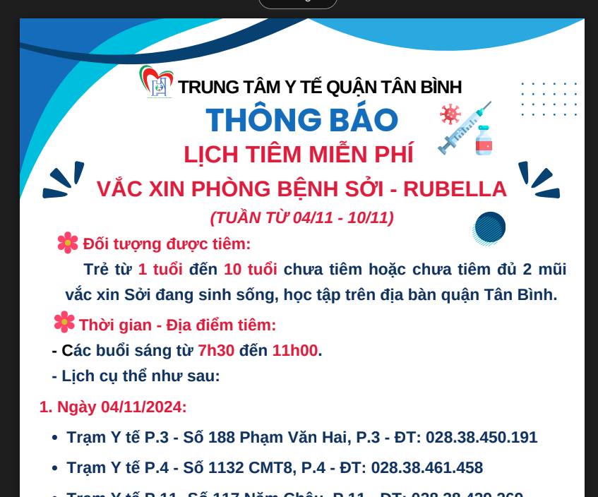 LỊCH TIÊM MIỄN PHÍ VẮC XIN PHÒNG BỆNH SỞI - RUBELLA (TUẦN TỪ 04/11 - 10/11)