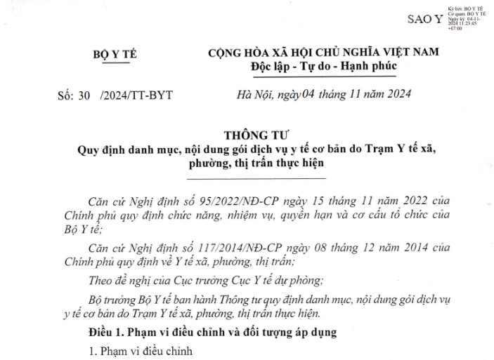 Thông tư 30/2024/TT-BYT ngày 04/11/2024 của Bộ Y tế Quy định danh mục, nội dung gói dịch vụ y tế cơ bản do Trạm Y tế xã, phường, thị trấn thực hiện