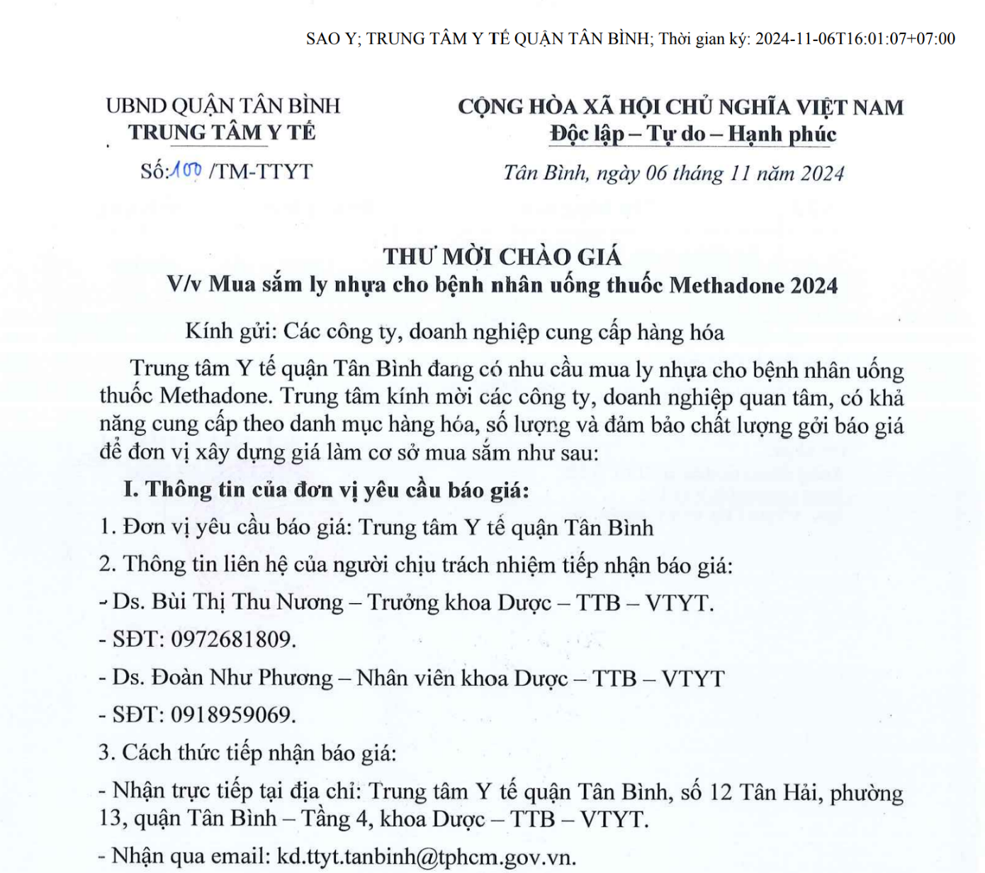 100- THƯ MỜI CHÀO GIÁ -Mua sắm ly nhựa cho bệnh  nhân uống thuốc Methadone 2024