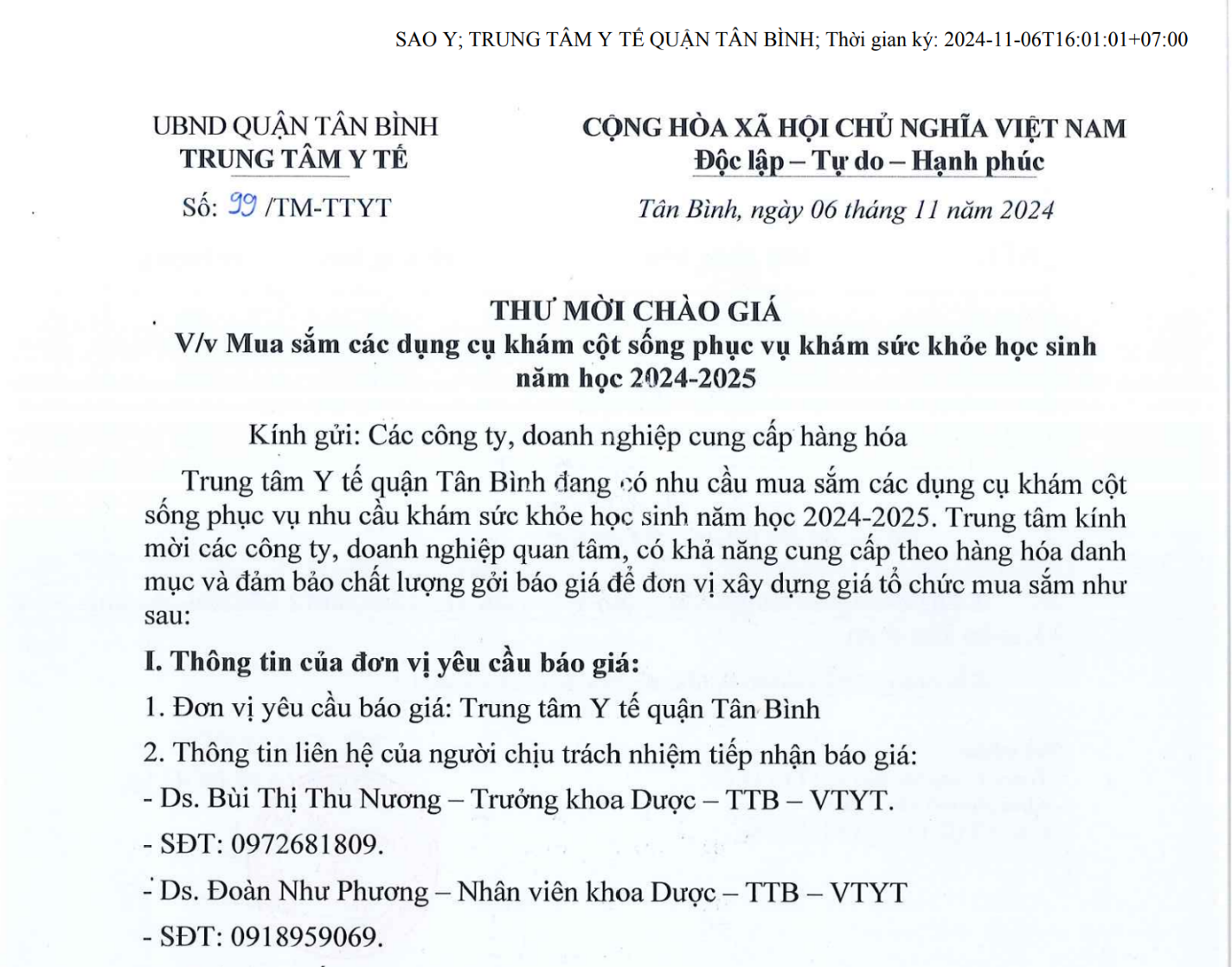 99-THƯ MỜI CHÀO GIÁ - Mua sắm dụng cụ khám cột sống phục vụ khám sức khỏe học sinh năm học 2024 - 2025