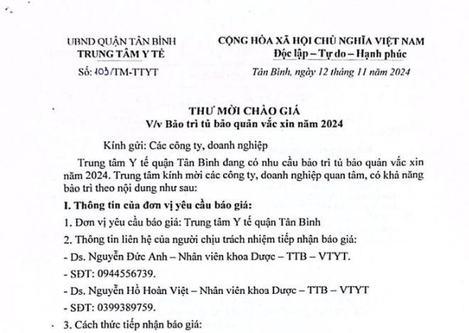 Thư mời chào giá số 103/TM-TTYT ngày 12/11/2024 của TTYT về bảo trì tủ bảo quản vắc xin năm 2024