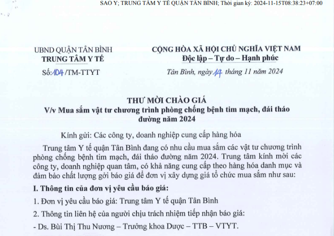 Thư mời chào giá số 104/TM-TTYT ngày 14/11/2024 của TTYT về mua sắm vật tư chương trình phòng chống bệnh tim mạch, đái tháo đường năm 2024