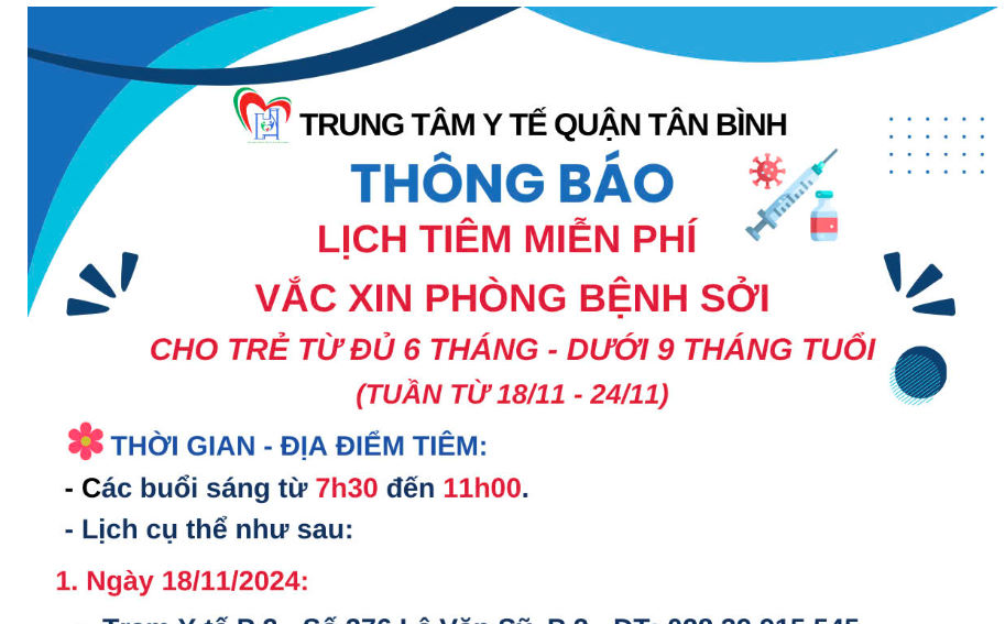 LỊCH TIÊM MIỄN PHÍ VẮC XIN PHÒNG BỆNH SỞI CHO TRẺ TỪ ĐỦ 6 THÁNG - DƯỚI 9 THÁNG TUỔI (TUẦN TỪ 18/11 - 24/11)