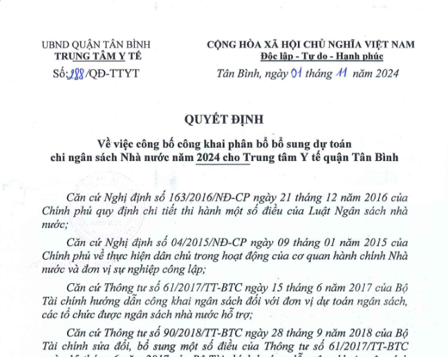 Quyết định số 288/QĐ-TTYT ngày 01/11/2024 của TTYT về việc công bố công khai phân bổ bổ sung dự toán chi ngân sách Nhà nước năm 2024 cho TTYT quận Tân Bình