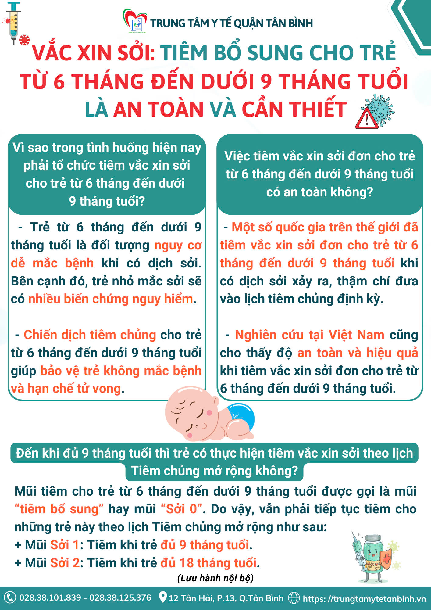 Vắc xin sởi: Tiêm bổ sung cho trẻ từ 6 tháng đến dưới 9 tháng tuổi là an toàn và cần thiết - Thông tin các điểm tư vấn về tiêm chủng Sởi tại quận Tân Bình