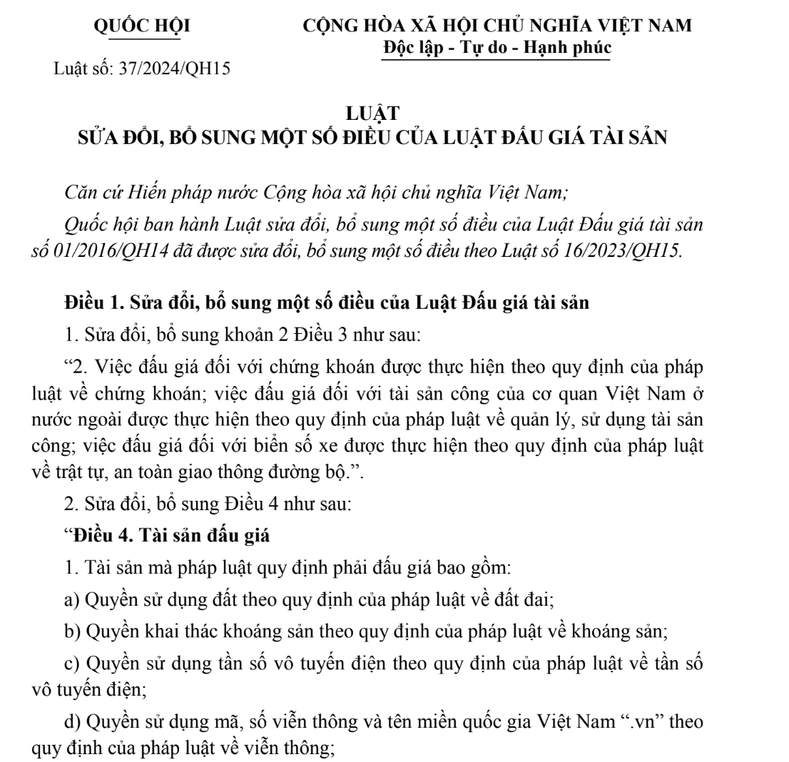 LUẬT SỬA ĐỔI, BỔ SUNG MỘT SỐ ĐIỀU CỦA LUẬT ĐẤU GIÁ TÀI SẢN (Luật số: 37/2024/QH15)