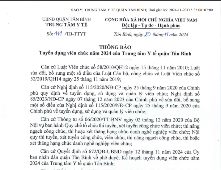 Thông báo số 111/TB-TTYT ngày 20/11/2024 của TTYT về Tuyển dụng viên chức năm 2024 của Trung tâm Y tế quận Tân Bình