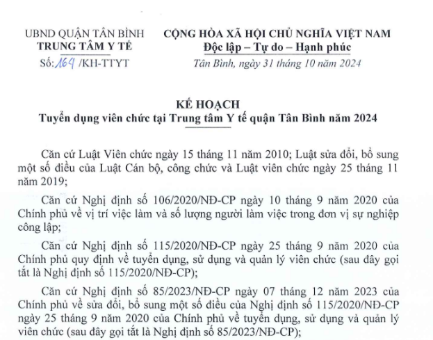 Kế hoạch số 164/KH-TTYT ngày 31/10/2024 của TTYT về Tuyển dụng viên chức tại Trung tâm Y tế quận Tân Bình năm 2024