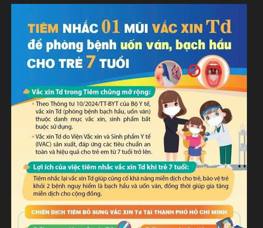 Tiêm nhắc 01 mũi vắc xin Td để phòng bệnh uốn ván, bạch hầu cho trẻ 7 tuổi