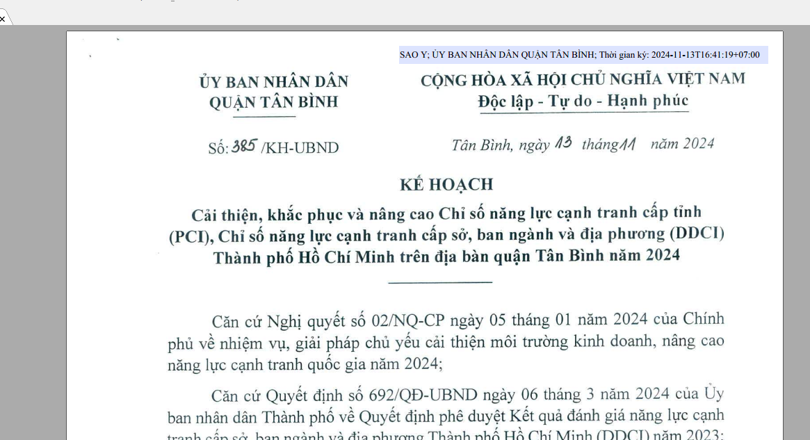 Kế hoạch số 385/KH-UBND ngày 13/11/2024 của TTYT về cải thiện, khắc phục và nâng cao Chỉ số năng lực cạnh tranh cấp tỉnh (PCI), Chỉ số năng lực cạnh tranh cấp sở, ban ngành và địa phường (DDCI) Thành phố Hồ Chí Minh trên địa bàn quận Tân Bình năm 2024