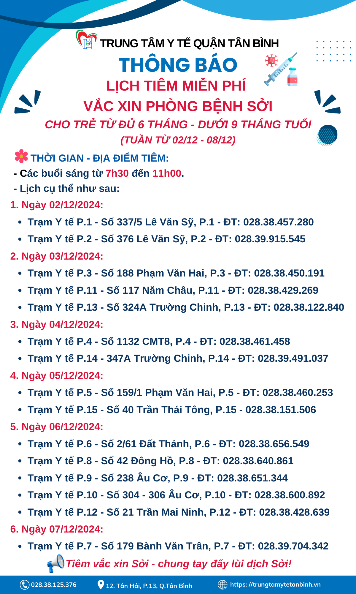 LỊCH TIÊM MIỄN PHÍ VẮC XIN PHÒNG BỆNH SỞI CHO TRẺ TỪ ĐỦ 6 THÁNG - DƯỚI 9 THÁNG TUỔI (TUẦN TỪ 02/12 - 08/12)