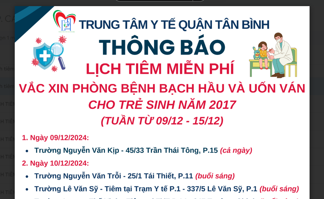 Lịch tiêm miễn phí vắc xin phòng bệnh bạch hầu và uốn ván cho trẻ sinh năm 2017 (từ ngày 9/12/24 đến ngày 15/12/24)