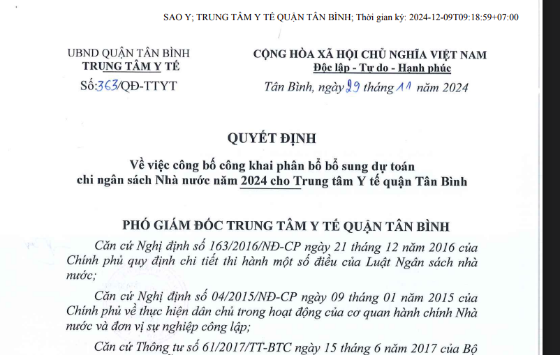 Quyết định số 363/QĐ-TTYT ngày 29/11/2024 của TTYT về việc công bố công khai phân bổ bổ sung dự toán cho ngân sách Nhà nước năm 2024 cho Trung tâm Y tế quận Tân Bình