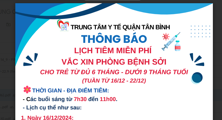 LỊCH TIÊM MIỄN PHÍ VẮC XIN PHÒNG BỆNH SỞI CHO TRẺ TỪ ĐỦ 6 THÁNG - DƯỚI 9 THÁNG TUỔI (TUẦN TỪ 16/12 - 22/12)