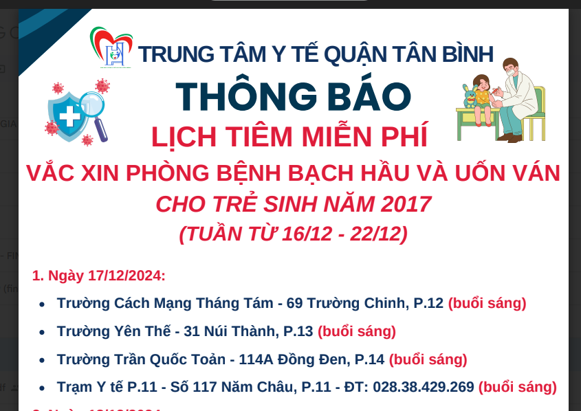 Lịch tiêm miễn phí vắc xin phòng bệnh bạch hầu và uốn ván cho trẻ sinh năm 2017 (từ ngày 16/12/24 đến ngày 22/12/24)