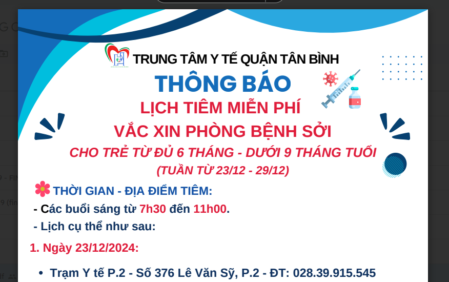 LỊCH TIÊM MIỄN PHÍ VẮC XIN PHÒNG BỆNH SỞI CHO TRẺ TỪ ĐỦ 6 THÁNG - DƯỚI 9 THÁNG TUỔI (TUẦN TỪ 23/12 - 29/12)