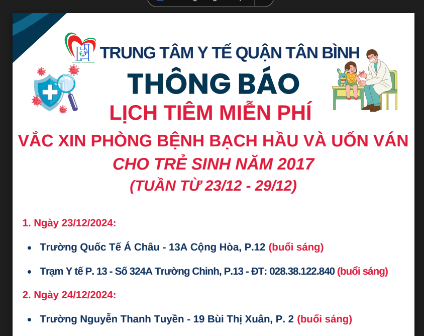 Lịch tiêm miễn phí vắc xin phòng bệnh bạch hầu và uốn ván cho trẻ sinh năm 2017 (từ ngày 23/12/24 đến ngày 29/12/24)