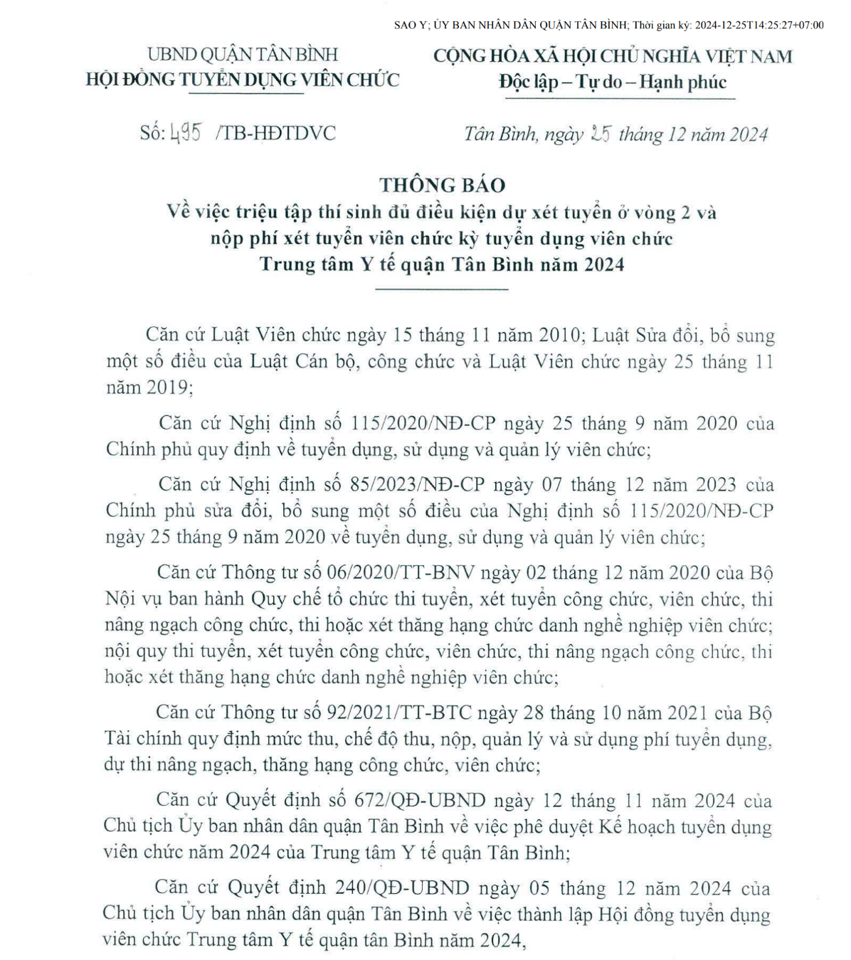 495-THÔNG BÁO V/V TRIỆU TẬP THÍ SINH ĐỦ ĐIỀU KIỆN DỰ XÉT TUYỂN VÒNG 2 KỲ TUYỂN DỤNG VIÊN CHỨC TTYT NĂM 2024