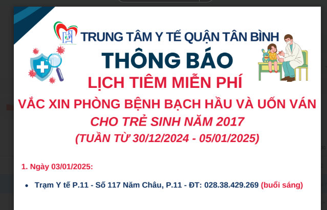 Lịch tiêm miễn phí vắc xin phòng bệnh bạch hầu và uốn ván cho trẻ sinh năm 2017 (từ ngày 30/12/2024 đến ngày 05/01/2025)