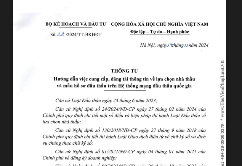 Thông tư 22/2024/TT-BKHĐT ngày 17/11/2024 của Bộ Kế hoạch và Đầu tư về Hướng dẫn cung cấp và đăng tải thông tin về lựa chọn nhà thầu và mẫu hồ sơ đấu thầu trên hệ thống mạng đấu thầu quốc gia