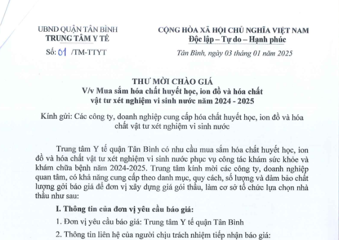 Thư mời chào giá số 01/TM-TTYT ngày 03/01/2025 về việc mua sắm hóa chất huyết học, ion đồ và hóa chất vật tư xét nghiệm vi sinh nước năm 2024-2025