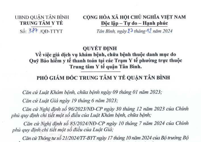 Quyết định số 387/QĐ-TTYT ngày 27/12/2024 về việc giá dịch vụ khám bệnh, chữa bệnh thuộc danh mục do Quỹ Bảo hiểm y tế thanh toán tại các Trạm Y tế phường trực thuộc Trung tâm Y tế quận Tân Bình