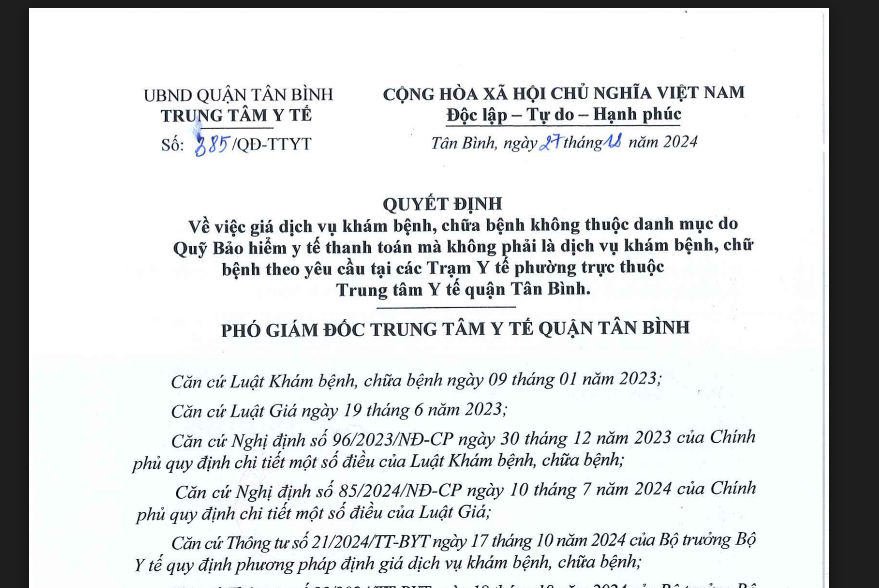 Quyết định số 385/QĐ-TTYT ngày 27/12/2024 của TTYT về việc giá dịch vụ khám bệnh, chữa bệnh không thuộc danh mục do Quỹ Bảo hiểm y tế thanh toán mà không phải là dịch vụ khám bệnh, chữa bệnh theo yêu cầu tại các Trạm Y tế phường