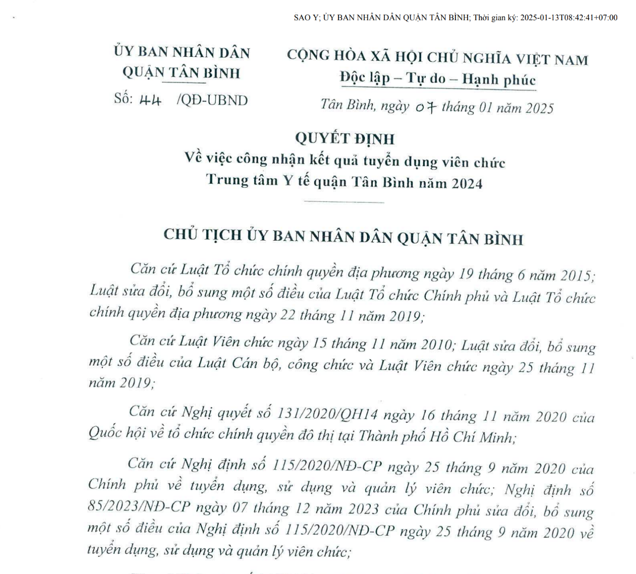 44-Quyết định công nhận kết quả tuyển dụng viên chức Trung tâm Y tế quận Tân Bình năm 2024