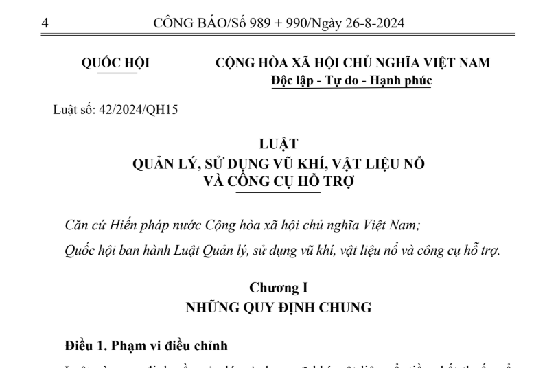 Luật số 42/2024/QH15 của Quốc hội về quản lý, sử dụng vũ khí, vật liệu nổ và công cụ hỗ trợ
