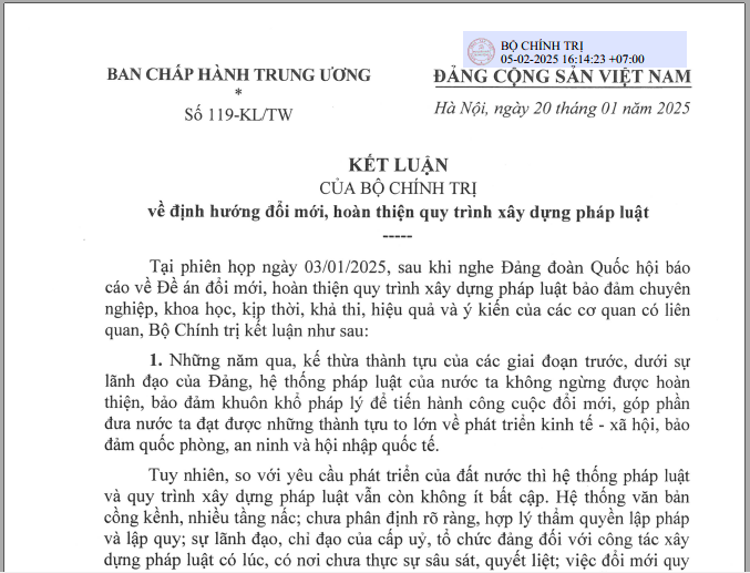 Kết luận 119-KL/TW ngày 20/01/2025 về Định hướng đổi mới, hoàn thiện quy trình xây dựng pháp luật do Ban Chấp hành Trung ương ban hành
