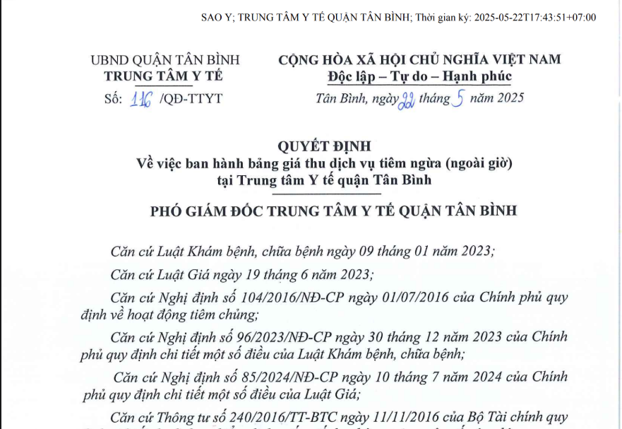 Quyết định số 116/QĐ-TTYT ngày 22/5/2025 của Trung tâm Y tế về việc ban hành bảng giá thu dịch vụ tiêm ngừa (ngoài giờ) tại Trung tâm Y tế quận Tân Bình