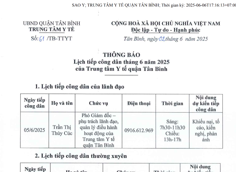 Lịch tiếp công dân tháng 6 năm 2025