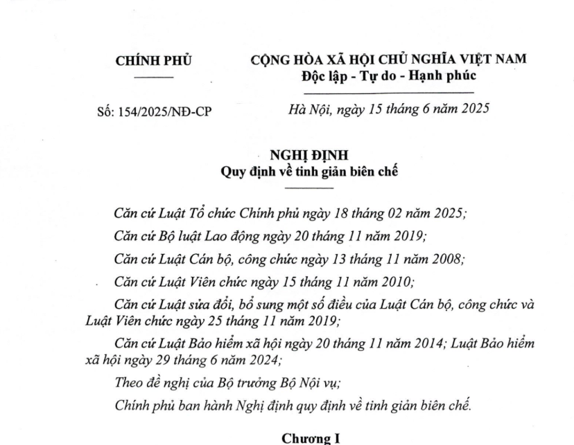 Nghị định số 154/NĐ-CP ngày 15/6/2025 của Chính phủ Quy định về tinh giản biên chế