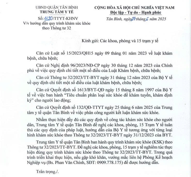 Hướng dẫn quy trình khám sức khỏe theo Thông tư 32