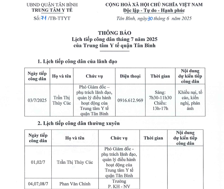 Số 71/TB-TTYT ngày 30/6/2025 Thông báo Lịch tiếp công dân tháng 7 năm 2025 của Trung tâm Y tế quận Tân Bình