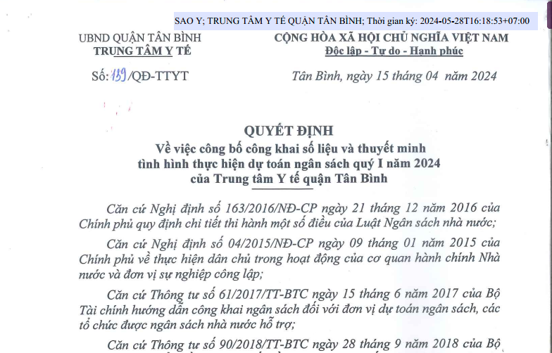 Quyết định số 139/QĐ-TTYT ngày 15/04/2024 của Trung tâm Y tế về việc công bố công khai số liệu và thuyết minh tình hình thực hiện dự toán ngân sách quý I năm 2024 của TTYT quận Tân Bình
